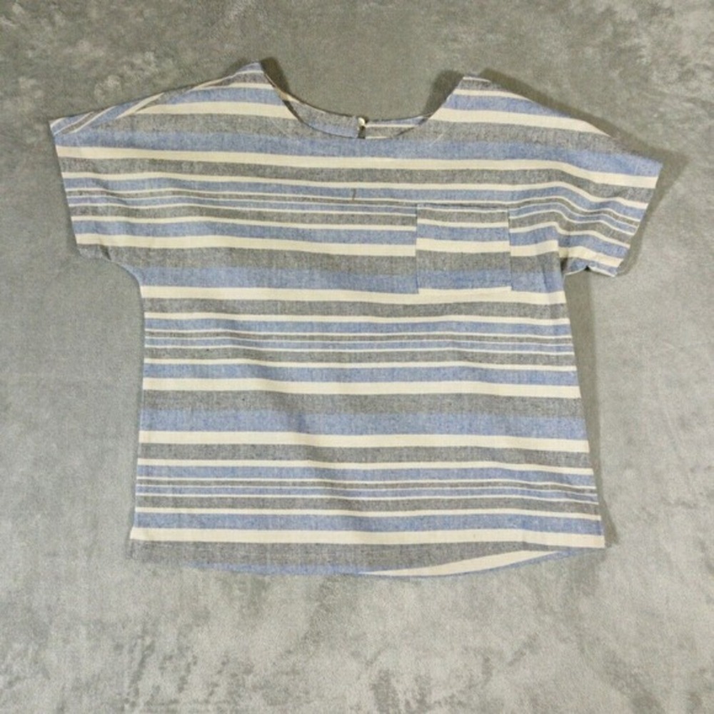 Linen Lux Top Womens Large‎ Blue Stripe Short Sleeve Pocket Boxy Keyhole Boho
